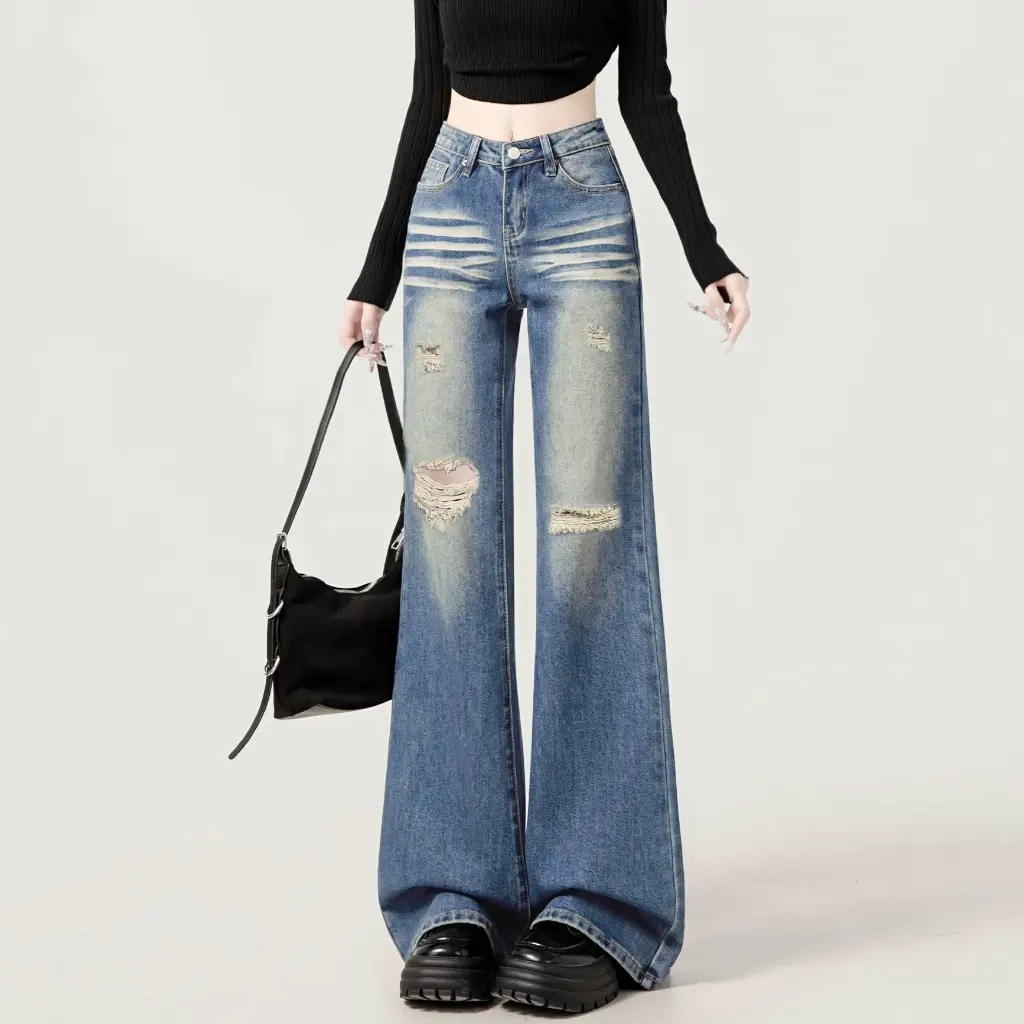 |kekinian.factory| celana jeans high waist wanita sobek korean style Ripped Jeans Tinggi Wanita Premium loose Baggy jeans