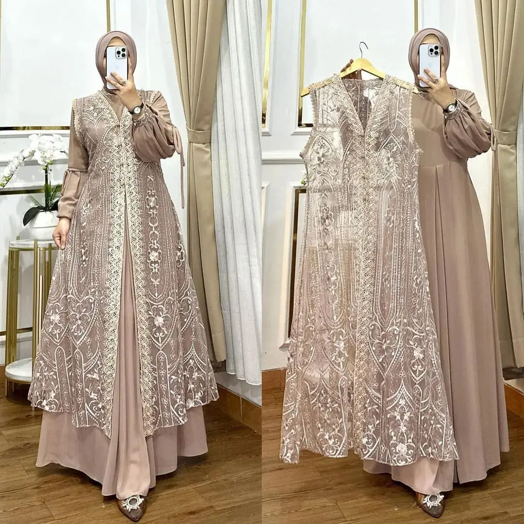 Dress Naura Bahan Ceruty Babydoll Mix Brokat Tille Import Gamis Pesta Mode Simpel Lebaran