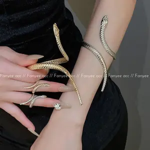 [Fanyee] Set Gelang Dan Cincin Terbuka Motif Ular Unik Mewah, Hiasan Permata Elegan Q729