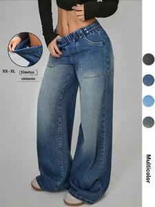 Jeans de mezclilla de cintura alta y holgados para mujer, Jeans de pierna ancha casuales con bolsillos, Cintura elástica, Perfectos para uso diario y fiestas