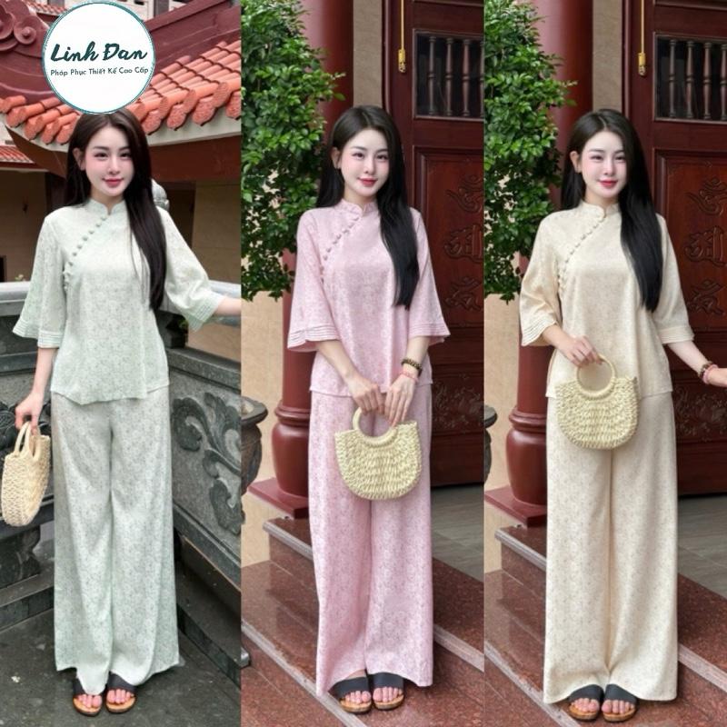 Linh Đan -Bộ quần áo cách tân bà ba truyền thống cổ tàu cúc chéo chất liệu lụa gấm vân hoa 2da cao cấp