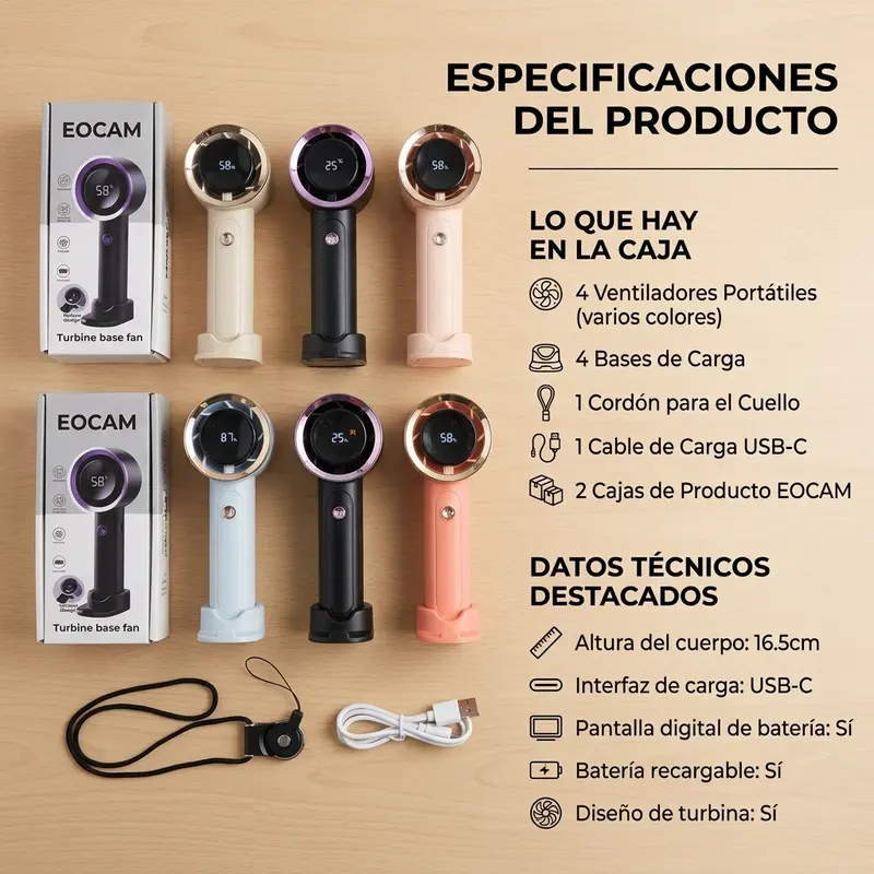 ECAM Ventilador Portátil Mini 2025, 100 Unidades, Silencioso con Carga USB, Potente para Oficinas y Dormitorios, Modelo Nuevo con Pantalla Digital y Batería Larga - Foto 3