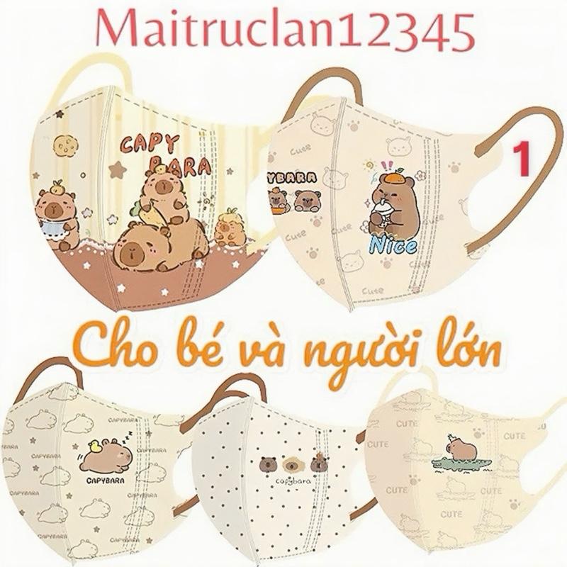 Combo 50 Cái Khẩu Trang Hoạt Hình Chuột Cappybara Cho Bé Trai Bé Gái Vải Lụa Mềm .4 Size Bé 0-8 và Người lớn Tuổi ,Quai Đeo Dây Co Giãn Thoải Mái.