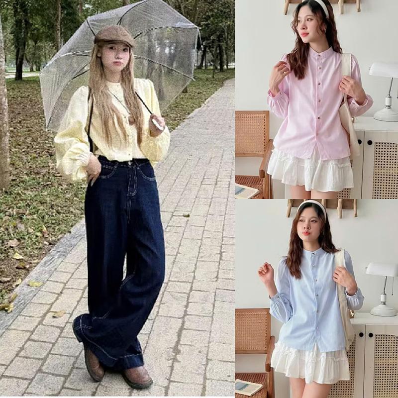 Áo sơ mi nữ A.772, Áo sơ mi kẻ sọc tay dài cổ tàu phối cúc dọc 3 màu dễ thương, dễ phối đồ - Shop Chấm Bi