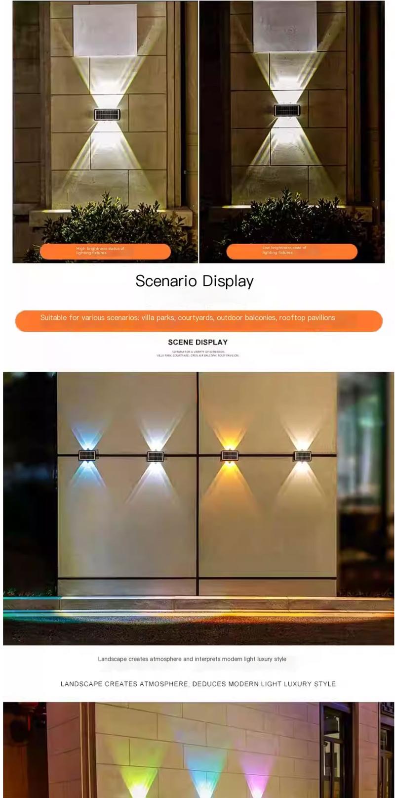 Product Introduction of Solar outdoor lights, household courtyard wall lights, waterproof wall washing lights, villa spotlights, double headed high brightness wall lights, up and down 4