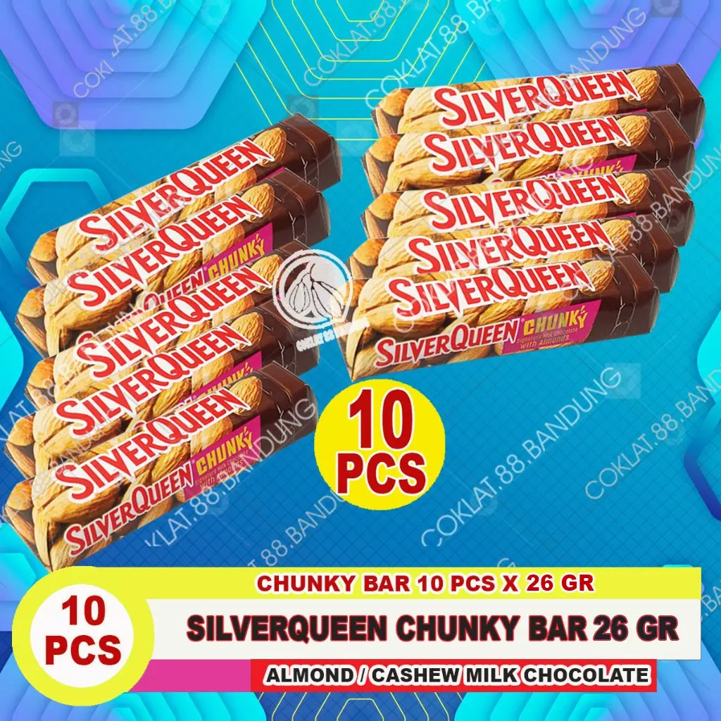 SILVERQUEEN CHUNKY BAR 10 PCS X 26gr ex 30 gr, COKELAT SILVERQUEEN CHUNKY 26 GRAM ISI 10 COKLAT ALMOND MEDE CHOCOLATE SNACK FOOD