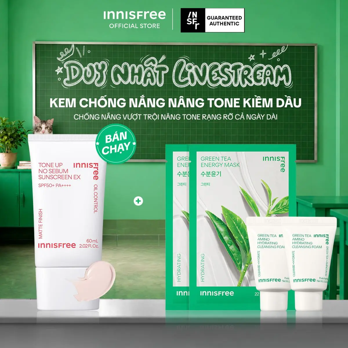 Innisfree x Hannah - Kem chống nắng nâng tông kiềm dầu INNISFREE Tone Up No Sebum EX SPF50+ PA++++ 60mL