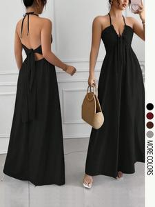 Vestido de mujer de color sólido, sin espalda, corte en línea A con detalles para atar (vestido de verano para mujer, vestido casual de verano para mujer, vestido largo de una pieza, ropa de verano para mujer)