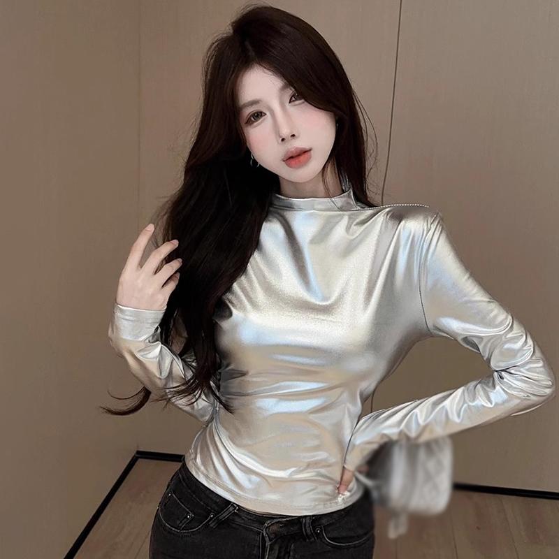 Áo Thun Cổ Giả Sáng Bóng, Thời Trang, Dáng Ôm, Dễ Phối Đồ, Dài Tay Nữ Top Women Shirt 4