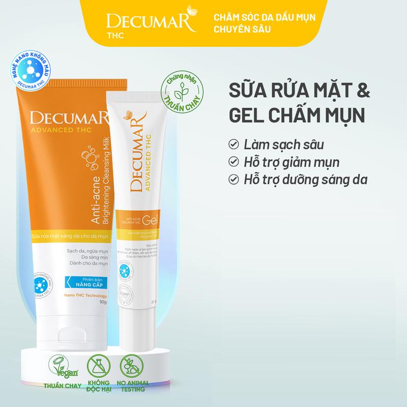 Bộ đôi hỗ trợ giảm mụn từ nghệ không màu Decumar THC Gel hỗ trợ ngừa mụn 20g và sữa rửa mặt 50g THC03 DSM02