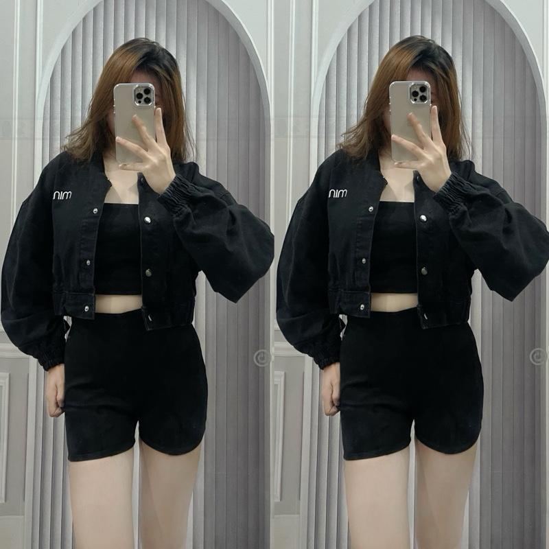   1 Áo Khoác Jeans Dáng Croptop Tay Cánh Doi Nữ Women Jacket 