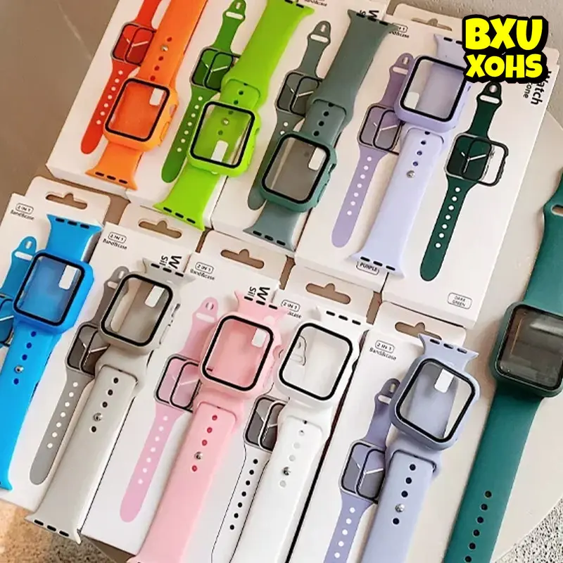 Jam Tangan Silicone Strap Case for Apple Watch Iwatch Ultra 3 2/Ultra 49mm Series 11 10 9 8 7 SE 3 2 6 5 4 46 45 41 44 40 42 38 Sport Rubber Band Tempered Glass Film with PC Cover Smartwatch for T900 T800 Ultra I8 Pro Max S8 S9 Ultra 8 MAX 9 PRO S20 T500