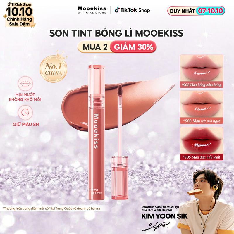 [MUA 2 GIẢM 30%] Son tint bóng Mooekiss dạng lỏng bám môi 12h, chất son Watery Velvet mịn mượt bám môi mờ vân môi, dưỡng ẩm môi căng mọng 2g