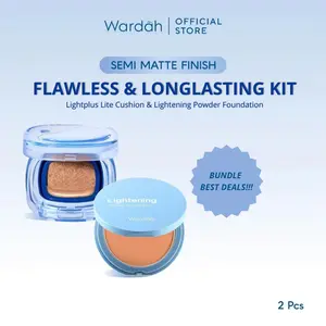 WARDAH Paket Make Up Tahan Seharian & Semi Matte Finish | Noda Tertutup Seharian, Anti Longsor, Medium Coverage, Flawless, Long Lasting | Light+ Lite Skin Filter Cushion + Lightening Powder Foundation | Light Plus Lightplus Two Way Cake TWC Bundle Makeup