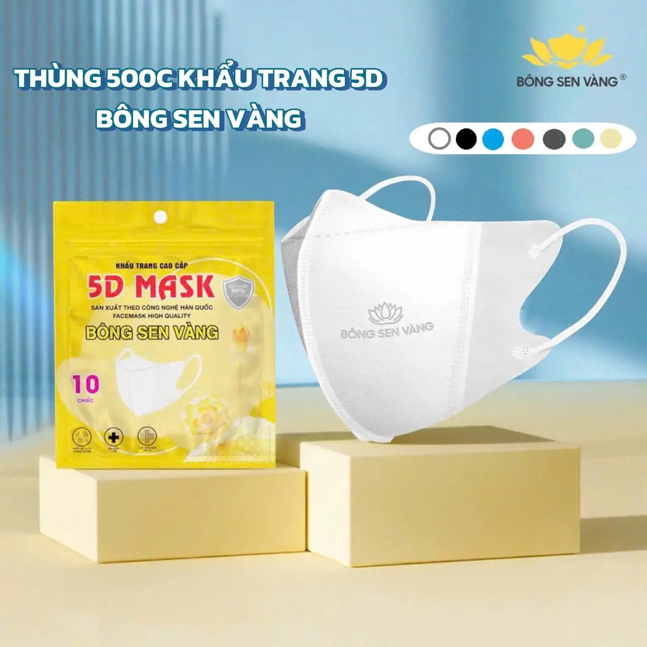 500 Cái Khẩu Trang 5D Bông Sen Vàng, Thương Hiệu Vn Uy Tín, 3 Lớp Vải