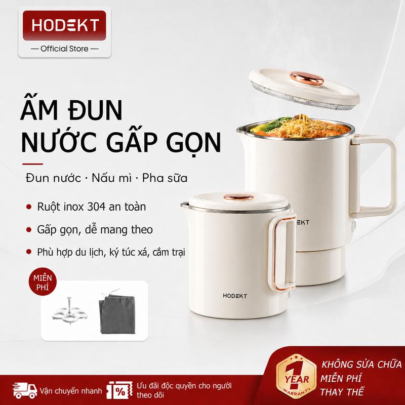 HODEKT Ấm Đun Nước Điện Gấp Gọn 1L 600W Thép 304 Nguyên Khối Chống Rò Rỉ 2 Chế Độ (Sôi/Nấu) Đa Năng