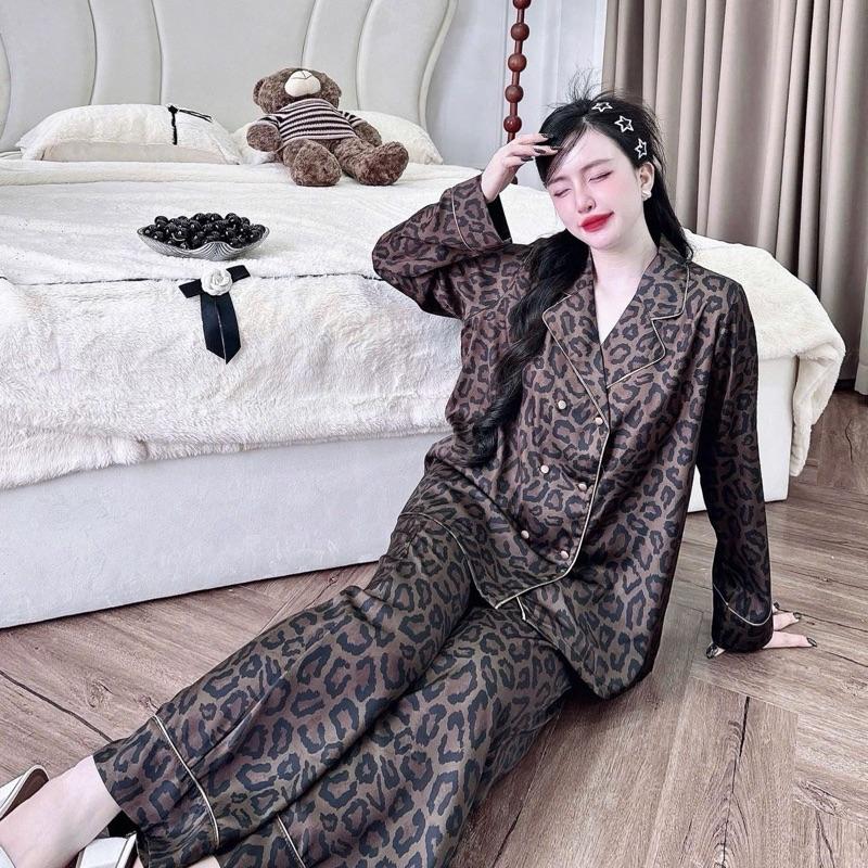 Đồ bộ nữ pijama - lụa Hàn Châu - (45-65kg) - vest- tay dài quần dài 95cm - beo nâu rêu