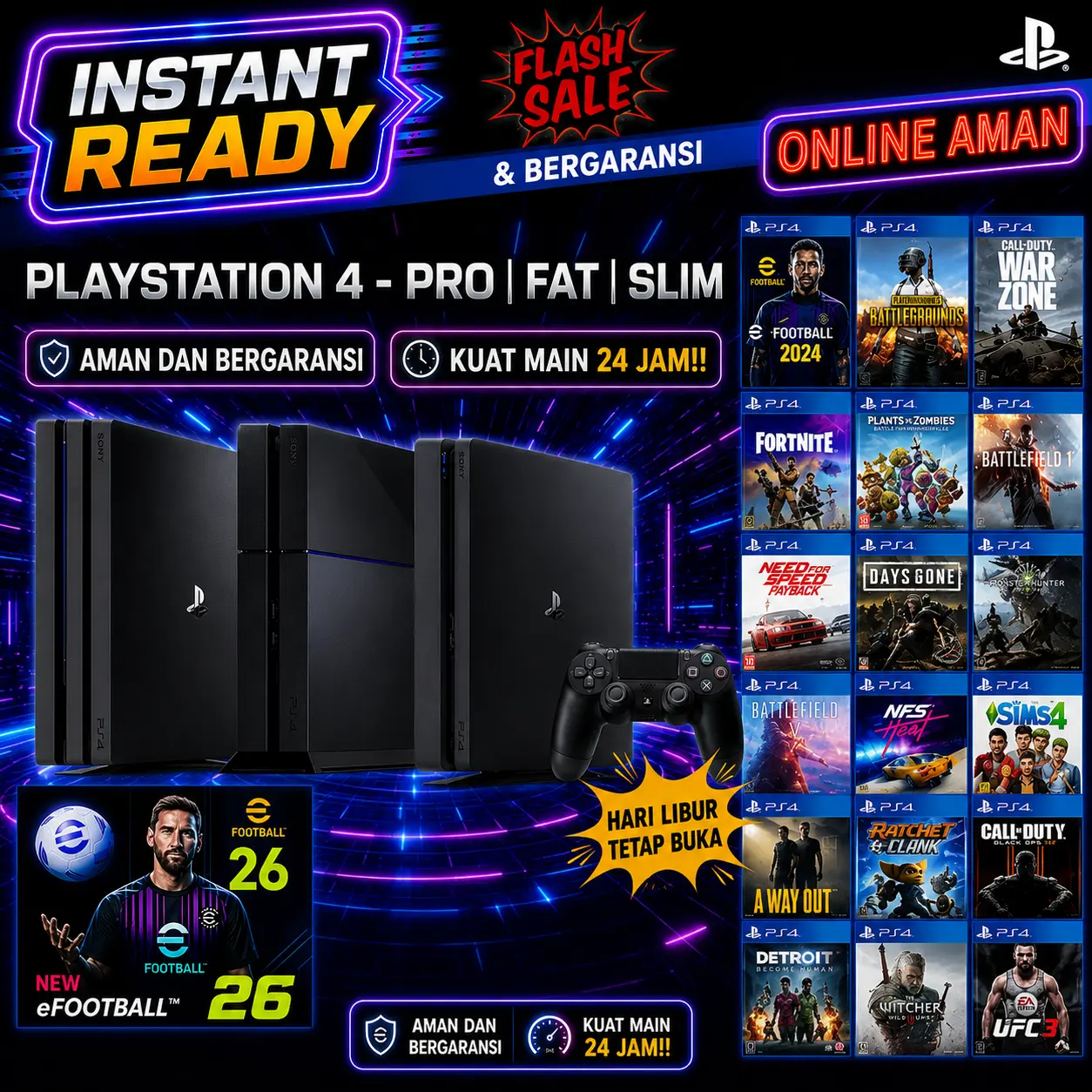 Sony PS4 slim 1 tb Original garansi/Playstation/PS 4 bukan fat/Pro 500 gb FC PES FOOTBALL26