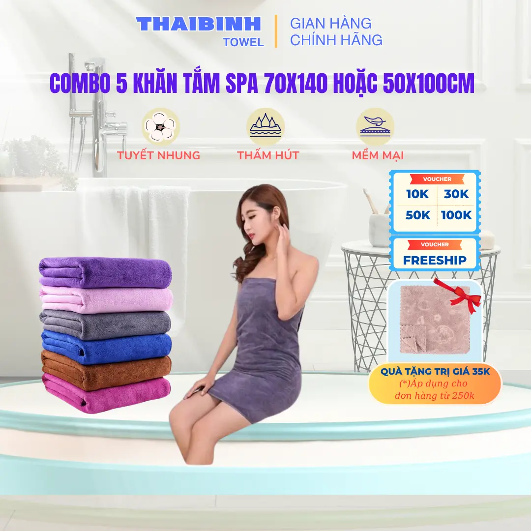 Combo 5 khăn tắm spa 50x100cm hoặc 70x140cm  Thai Binh Towel Sợi microfiber mềm mịn, không xổ lông, thấm hút nước, không ra màu - Nhà Tắm, phòng tắm