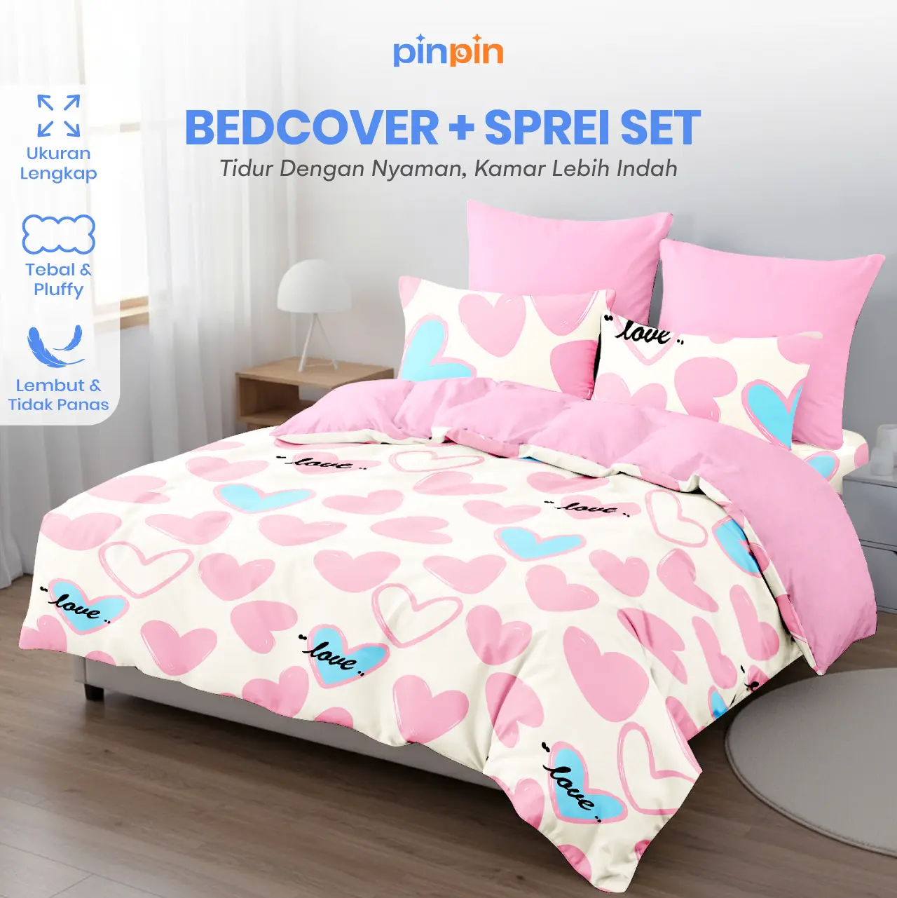 Bed Cover Set Sprei Valentine Pink Mix Baby Pink Microfiber Premium Ukuran Lengkap 180x200/160x200/120x200 - Pinpin Bedcover