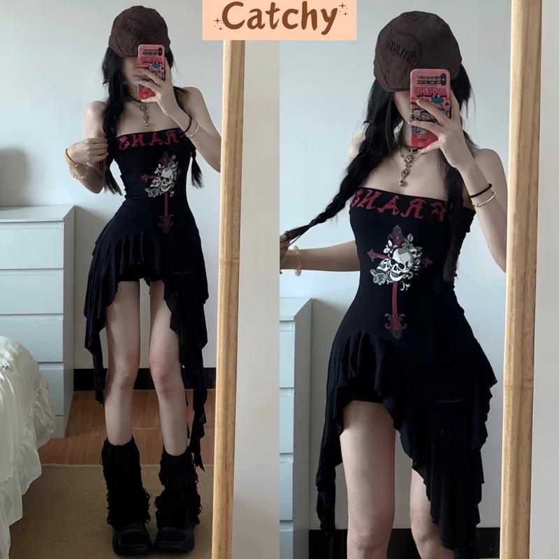 Set Áo Ống Tua Rua In Hình Phối Quần Short Đùi Cạp Trễ Phong Cách Y2K Cá Tính Cho Nữ CATCHYstore Set Bộ Áo Kiểu Mix Quần Đùi Ngắn Dáng Ôm