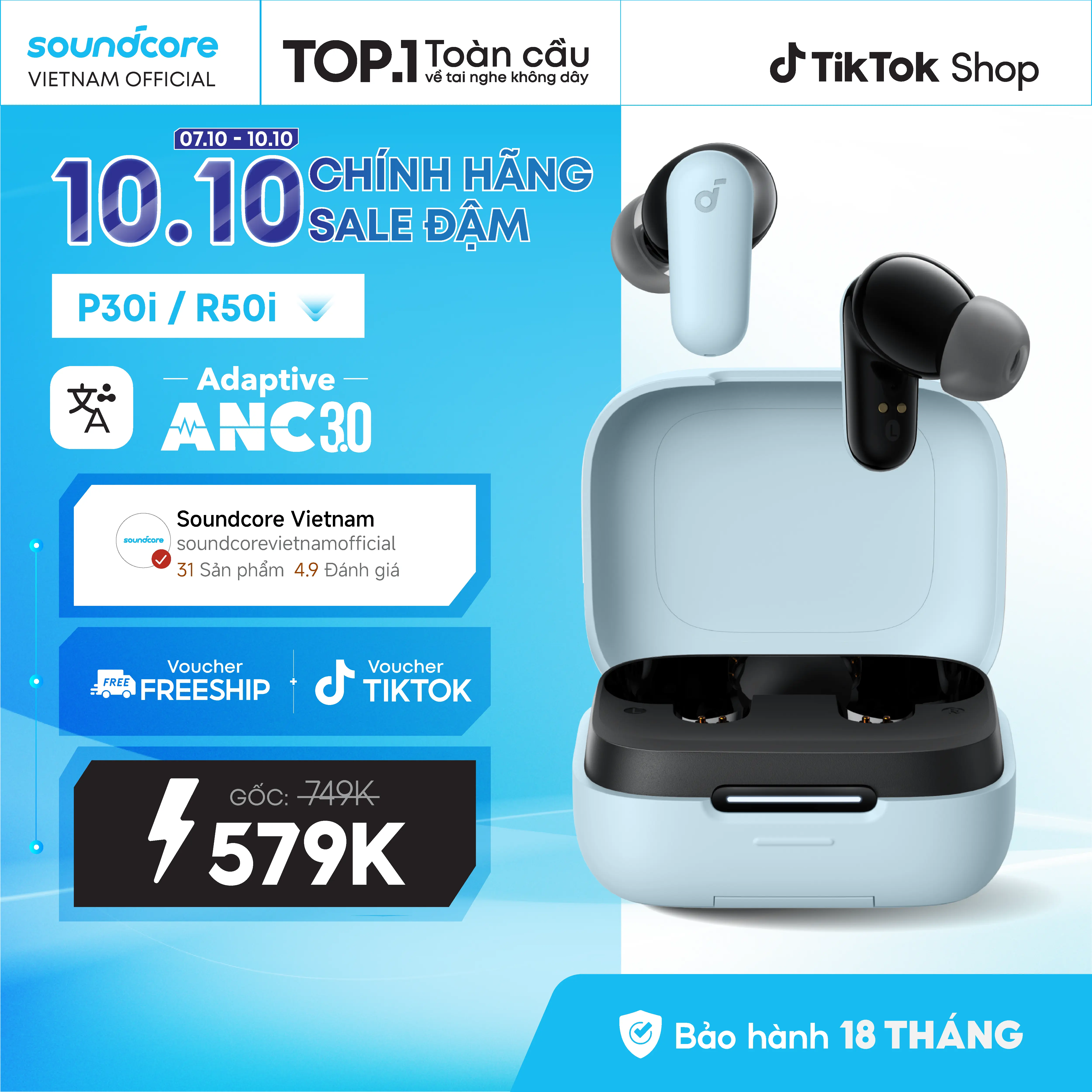 Tai nghe Bluetooth Soundcore R50i NC(P30i) chống ồn ANC|40 giờ phát nhạc| IP54| Dịch thuật AI trên App |Tai nghe gaming- Tai nghe không dây - Tai nghe bluetooth tốt pin trâu- Bảo hành 18 tháng- Hàng chính hãng