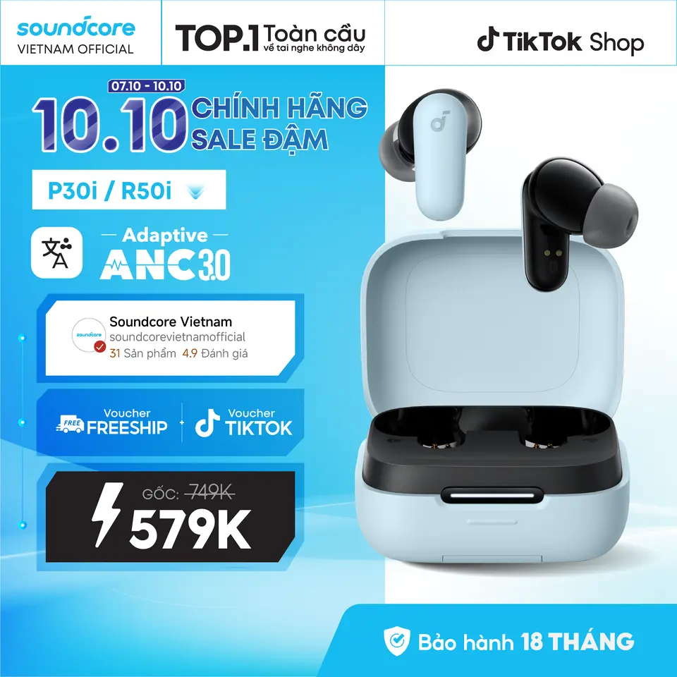 Tai nghe Bluetooth Soundcore R50i NC(P30i) chống ồn ANC|40 giờ phát nhạc| IP54| Dịch thuật AI trên App |Tai nghe gaming- Tai nghe không dây - Tai nghe bluetooth tốt pin trâu- Bảo hành 18 tháng- Hàng chính hãng