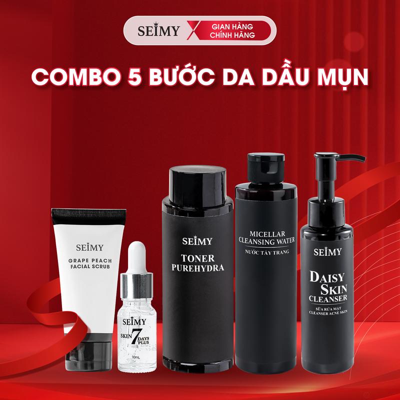 Combo Bộ Chăm Sóc Da Dầu Mụn Seimy 5 Bước Nước Tẩy Trang Sữa Rửa Mặt Tẩy Tế Bào Da Chết Mặt Nước Hoa Hồng Serum Giảm Mụn Skin 7 Days Plus Skincare Toner
