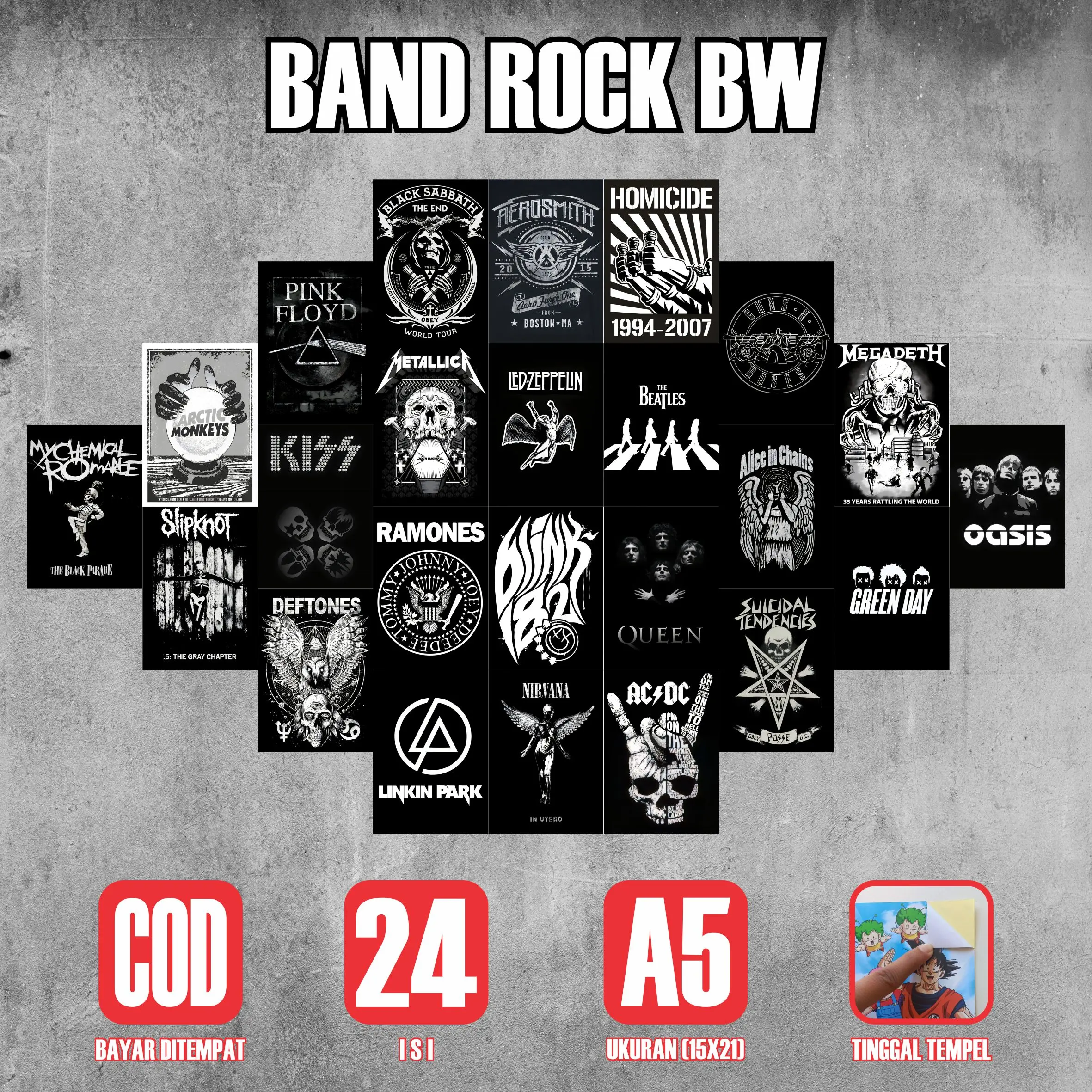 Poster Sticker Band Rock BW Series 24 Lembar A5