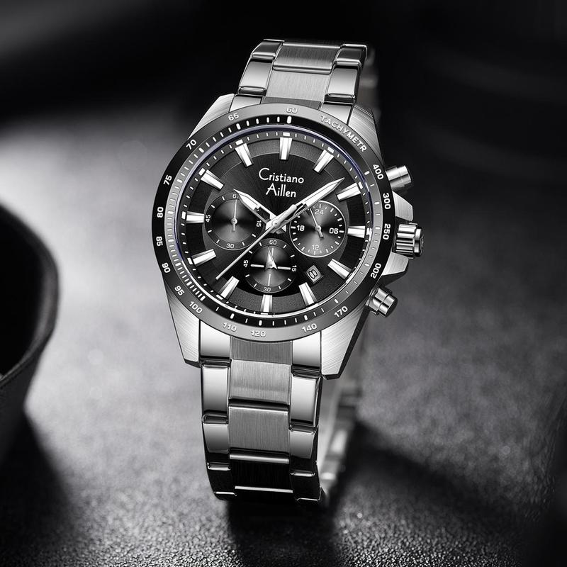 Cristiano Aillen Jam Tangan Pria Analog 8891 Rantai Stainless Steel Chronograph Kaca Sapphire Water Resistant 3 ATM Watches Waterproof 3