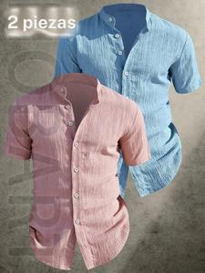 Paquete de 2 camisas de verano para hombre, manga corta, ligero y transpirable, color sólido, abotonada, cuello alto, diseño de cuello bajo; para playa, piscina y casual; camisa de playa, regalo para esposo