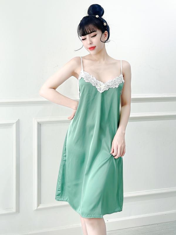 [MUA 1 TẶNG 1 QUẦN REN]Váy ngủ lụa nữ dáng suông đơn giản cổ tim phối ren sang trọng Dreamy VS25 Dress Women Đầm Ngủ Đen