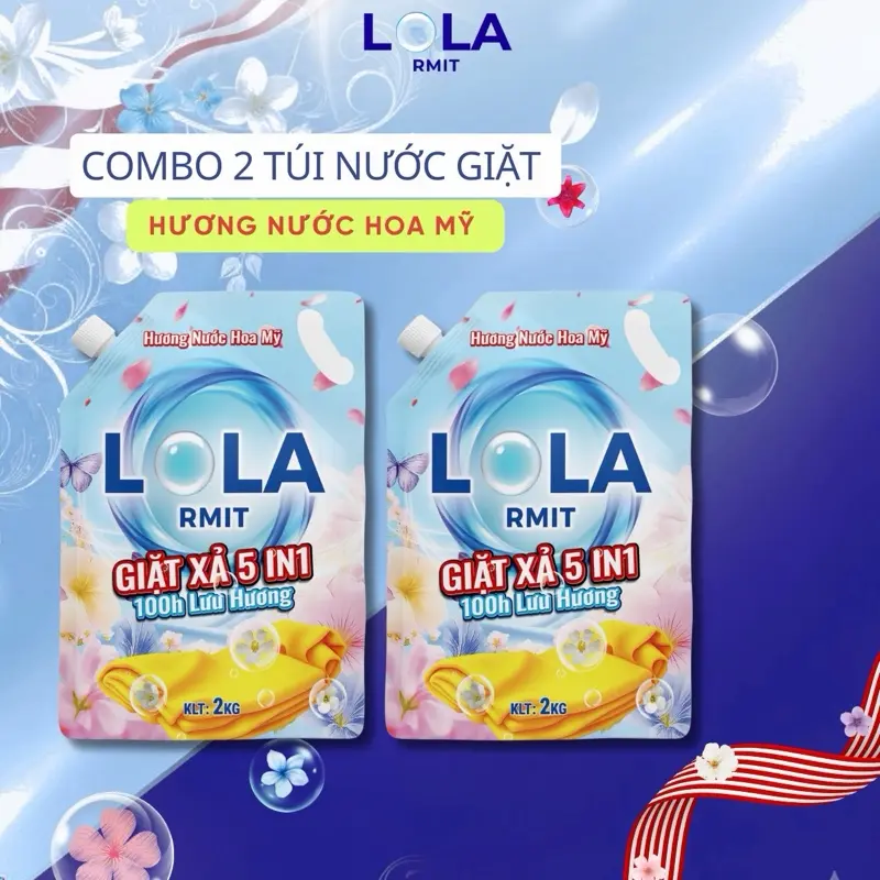 [Combo 2] Túi Nước Giặt Xả 5in1 2kg/túi LOLA RMIT, Sạch Sâu Tỏa Hương, Hương Nước Hoa Mỹ Lưu Hương Bền Lâu