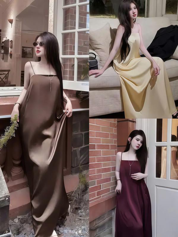 Đầm Hai Dây Dài Dáng Suông Chất Lụa Satin Mềm Mại Gợi Cảm Phong Cách Thanh Lịch Đơn Giản Nhẹ Nhàng Đầm Đi Chơi Đi Tiệc_Váy Body, Váy Body Nữ, Váy Xinh, Váy Đi Biển