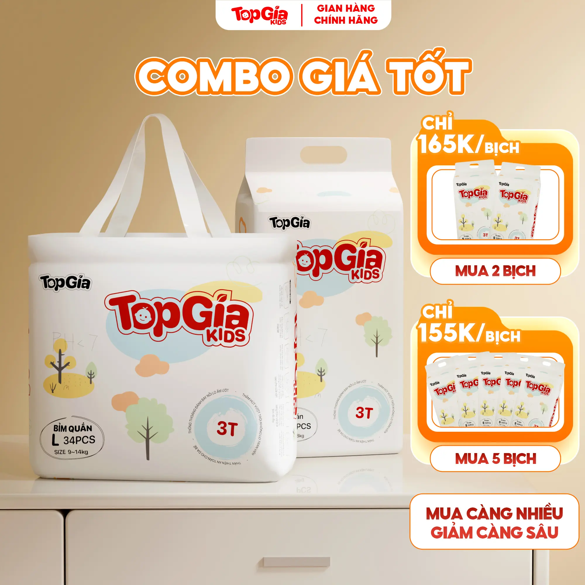 (COMBO GIÁ TỐT) Tã Bỉm Topgiakids pH<7 an toàn cho da bé, mềm mại, mỏng nhẹ, chống tràn tối đa, tặng kèm 2 miếng dùng thử (TDN)