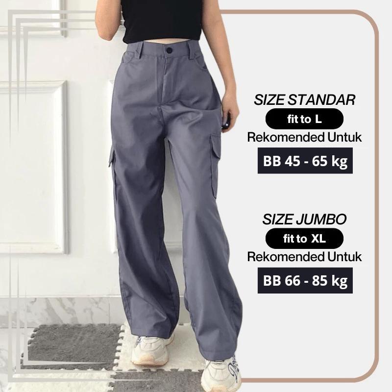 Celana Cargo Wanita Kekinian Highwaist Loose Premium Cargo Pants Pinggang Karet Melar 3