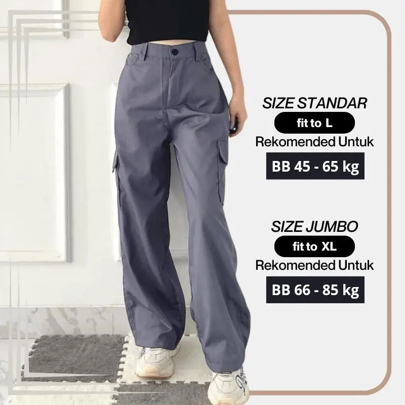 Celana Cargo Wanita Kekinian Highwaist Loose Premium Cargo Pants Pinggang Karet Melar 2