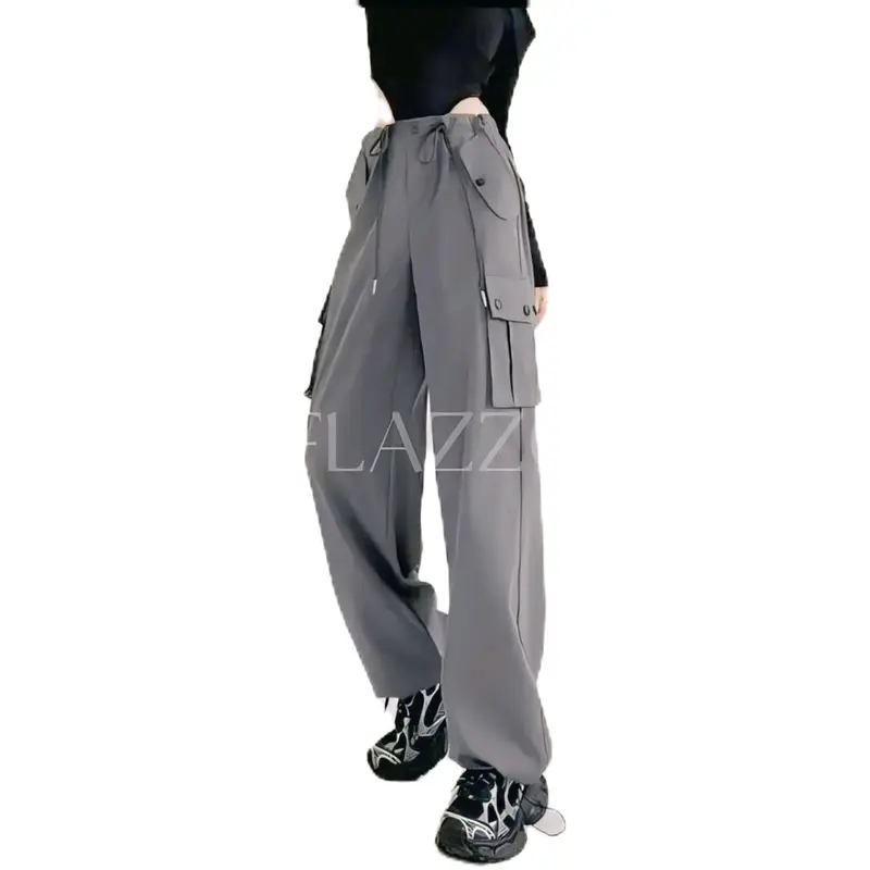 Celana Cargo Joger Wanita Model Korean Style Varian Tali Serut Highwaist Loose Kualitas Premium - Kulot, Panjang Karet Nyaman Formal Casual Samping Soft 2