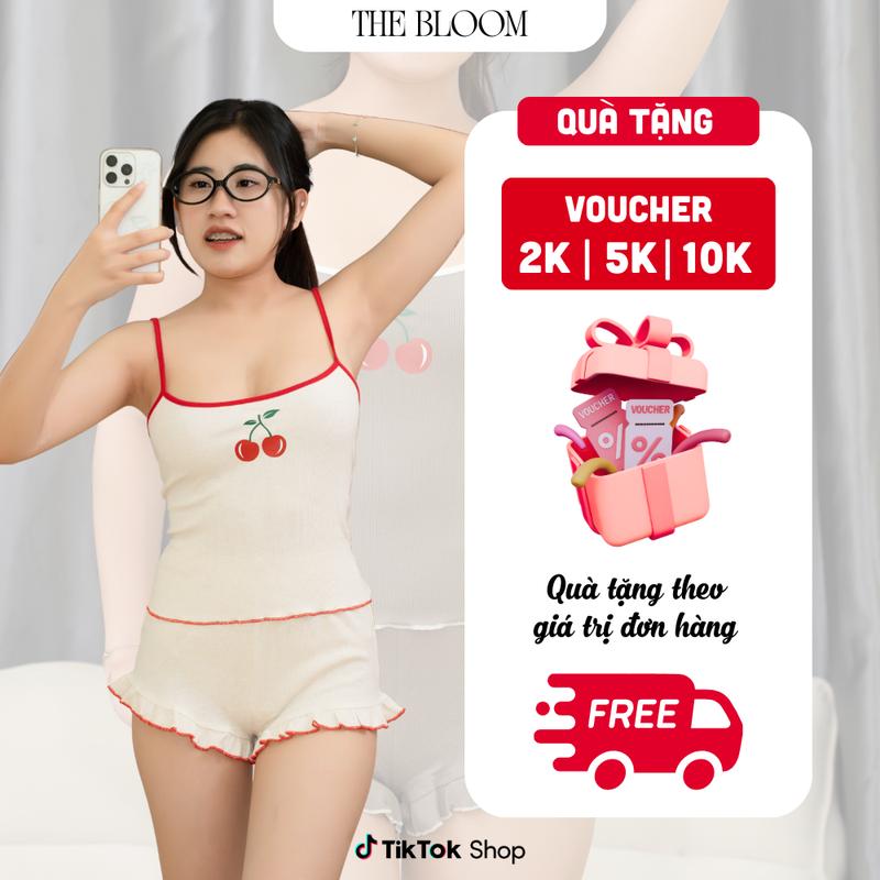 THE BLOOM [CÓ SIZE] Set Bộ Đồ Ngủ Nữ Áo 2 Dây In Cherry Viền Lai Và Quần Đùi Ngắn Viền Bèo Ôm Body Chất Gân Cotton Mịn Mát, Bộ Đồ Ngủ Nữ Mặc Nhà Ôm Body Dễ thương  - SE045S đồ  ngủ  nữ  dễ  thương dobo  duimacnha