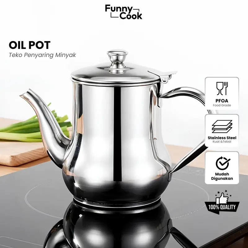 Funnycook Teko Minyak, kopi Oil Pot, Teh Stainless Anti karat/Ukuran 700ML & 900ML murah Penyaring Minyak 0