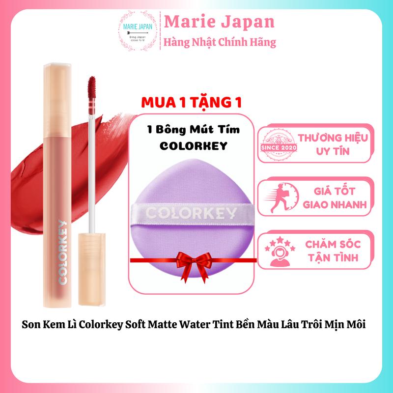  Son Kem Lì Colorkey Soft Matte Water Tint Bền Màu Lâu Trôi Mịn Môi - TẶNG BÔNG 1 MÚT TÍM 