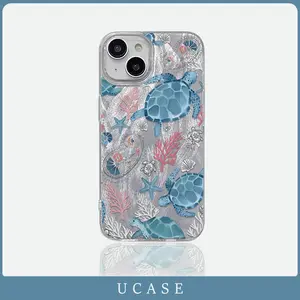 UCASE Tide & Turtles Glitter Casing For iPhone 11 15 16 17 13 14 Plus 12 Pro Max X XR XS Max 11 Pro Max 7 8 Plus SE Feather yarn silver Case