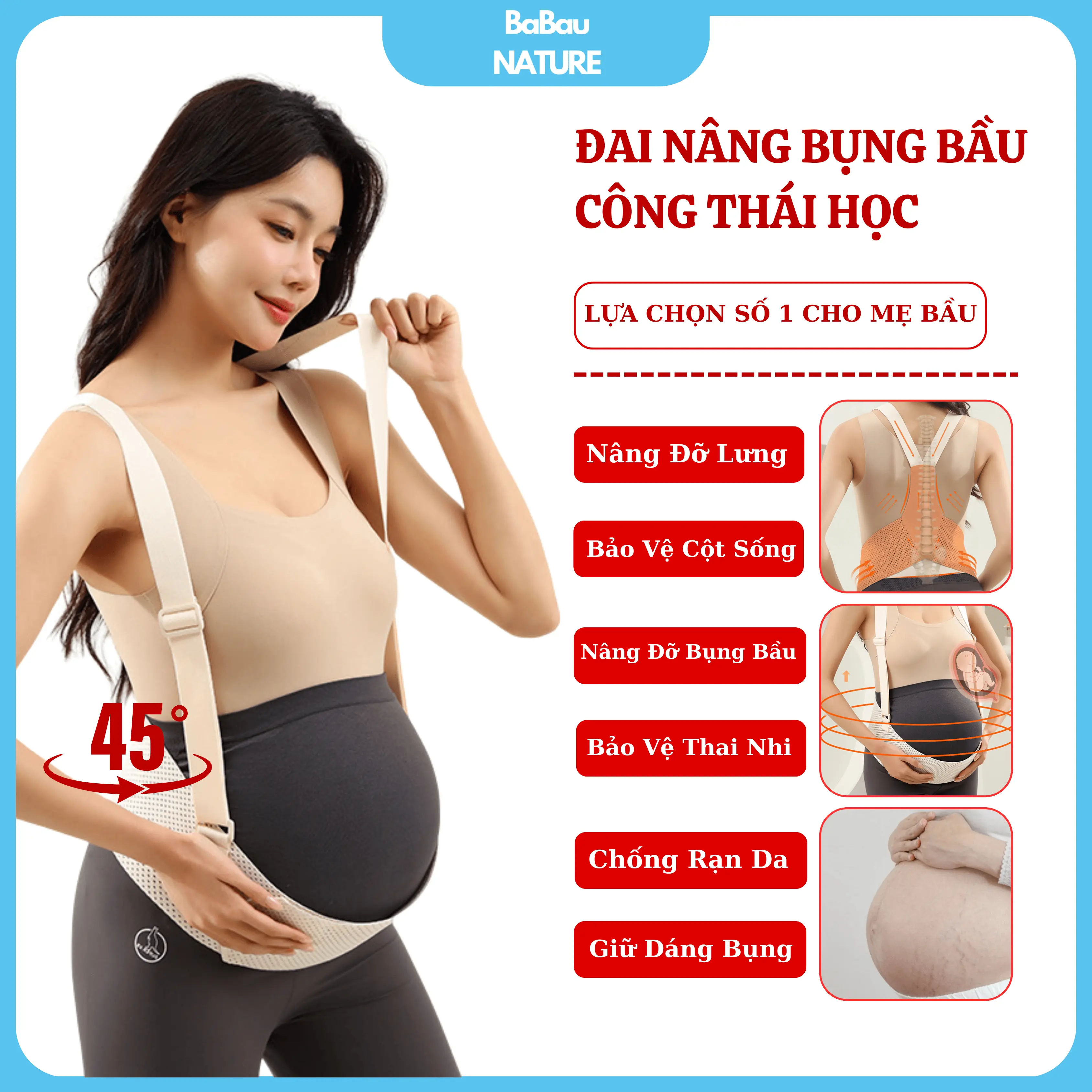 Đai Nâng Đỡ Bụng Bầu Công Thái Học , Giảm Đau Mỏi Lưng , Chống Rạn Da , Co Dãn Thoáng Khí , Đai Hỗ Trợ Bà Bầu Vận Động Thoải Mái .