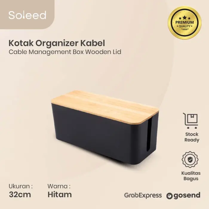 Kotak Organizer Kabel Charger Cable Management Box Tutup Bambu - Hitam, S