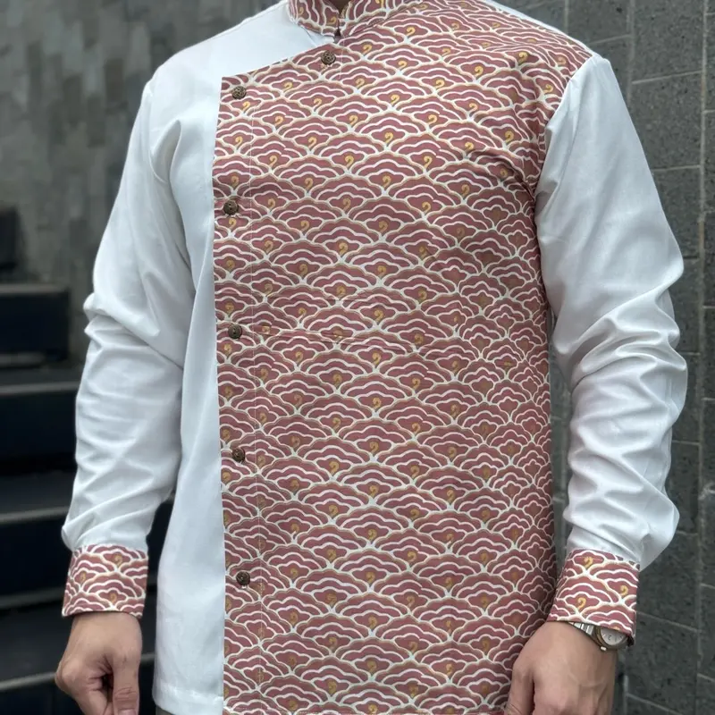 Kemeja Batik Kombinasi Pria, Slimfit, Katun Jepang, Putih Baby Pink Dusty, Batik Brijaya 2