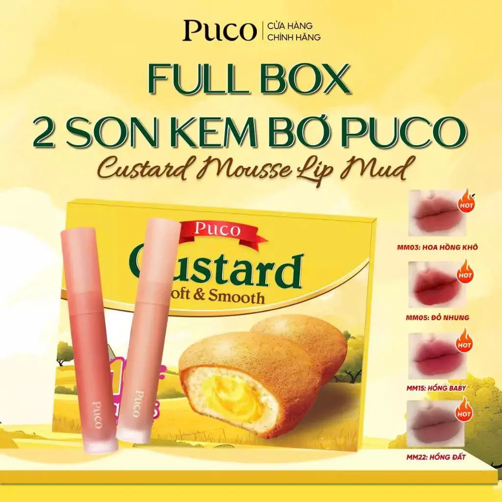 PUCO Box 2 Son Kem Bơ Custard Lip Mud xốp, mịn, mướt lên màu chuẩn không gây khô môi giúp làm đầy rãnh môi 2.5g