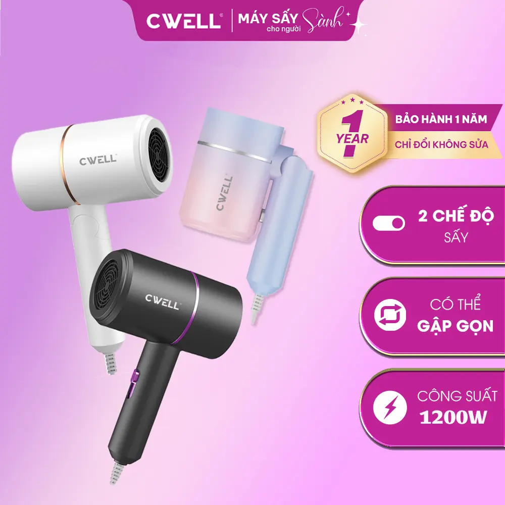 Máy sấy tóc mini gập gọn 1200W CWELL với công nghệ ánh sáng xanh hạn chế hư tóc, sấy 2 chiều nóng và lạnh, trọng lượng siêu nhẹ cho nam và  Nữ C01HD Women - BH 12 THÁNG