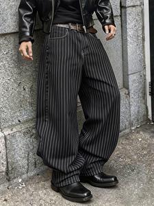 メンズストライプワイドパンツ、カジュアルなゆったりロングパンツ、ヴィンテージワークスタイル、快適なストリートウェア、オールシーズン対応