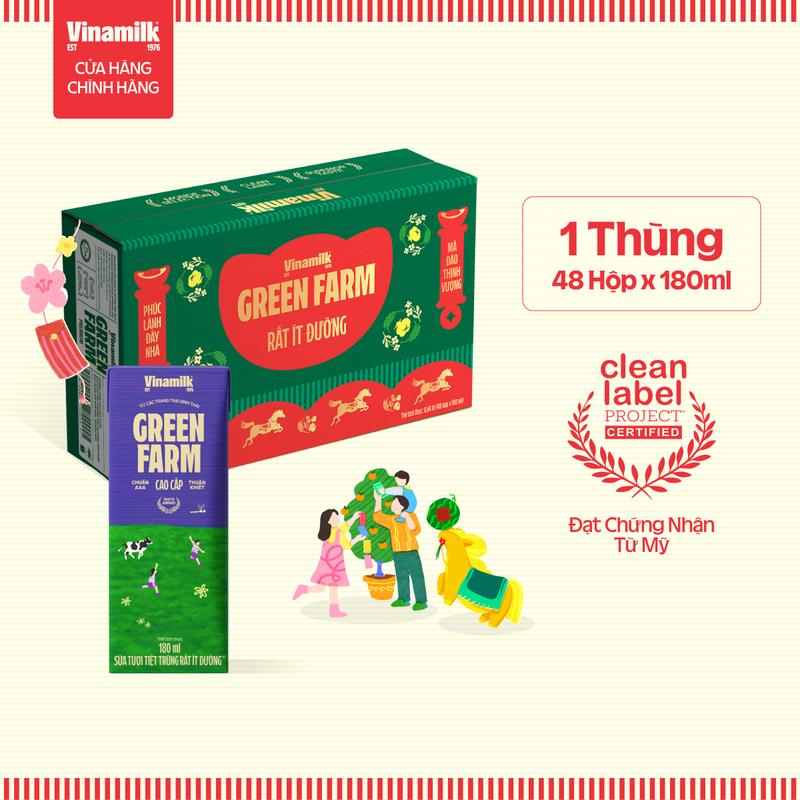 AFF Thùng 48 Hộp Sữa Tươi Tiệt Trùng Vinamilk Green Farm Rất ít đường - Lốc 4 Hộp 180ml| Có thể nhận bao bì Tết Thường