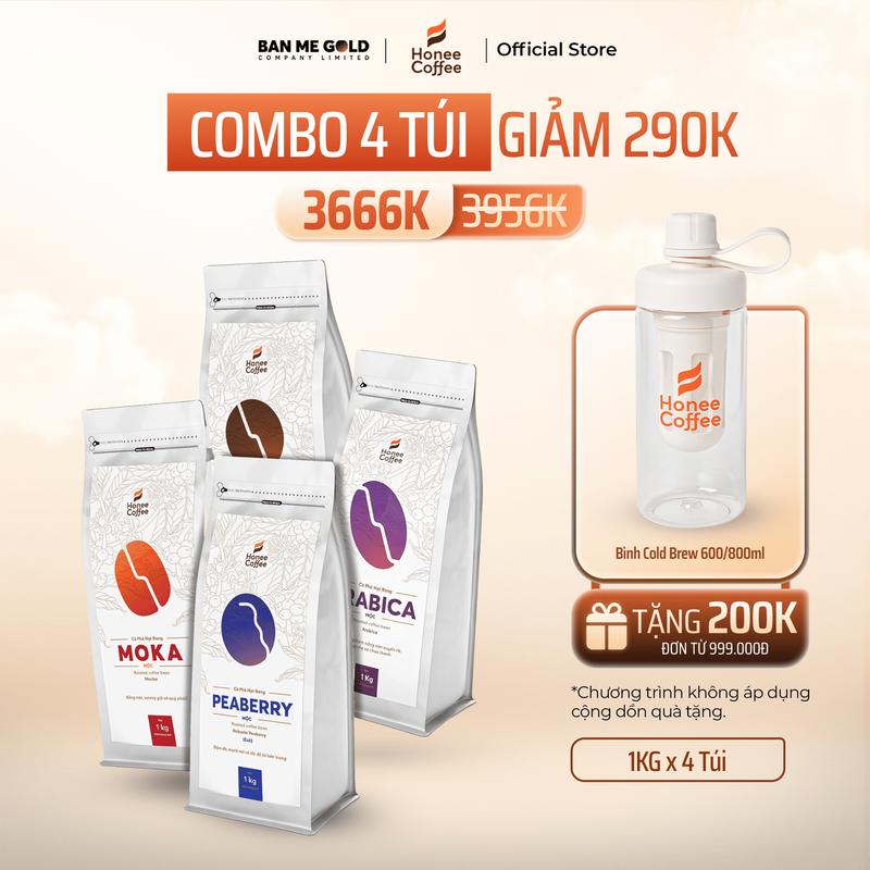 4 Túi Cà Phê Nguyên Chất 100% Arabica / Robusta / Culi / Moka (1kg) Ban Me Gold - Honee Coffee
